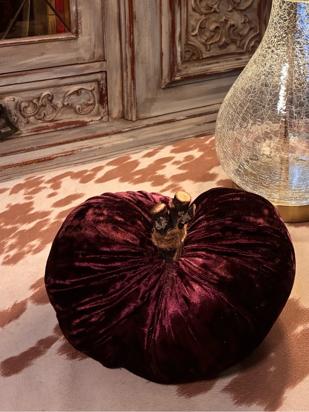 Velvet Decorative Pumpkin - Burgundy double stem Handmade